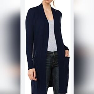 Navy Blue Open Front Cardigan With Ribbed Details Down Front And On Arms
